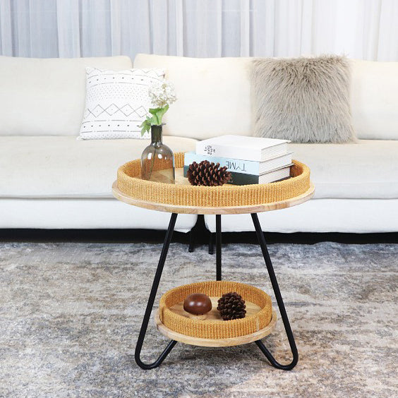 Contemporary Nordic Iron Rattan &amp; Solid Wood Round Coffee Table 2-Tier For Living Room