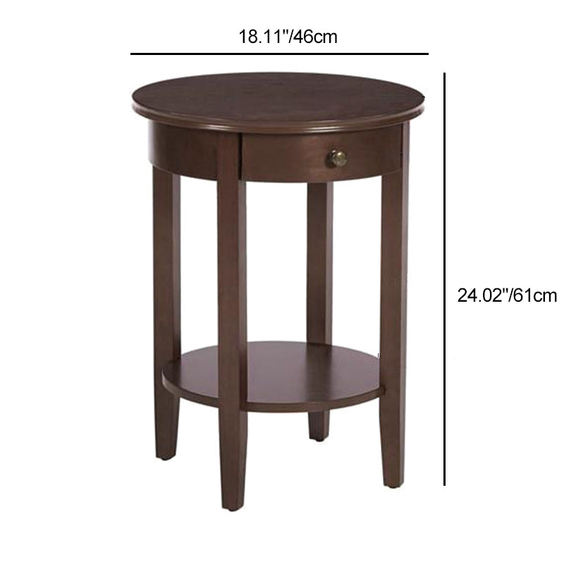 Traditional Chinese Wood Round End Table With 1-Drawer And 2-Tier For Living Room