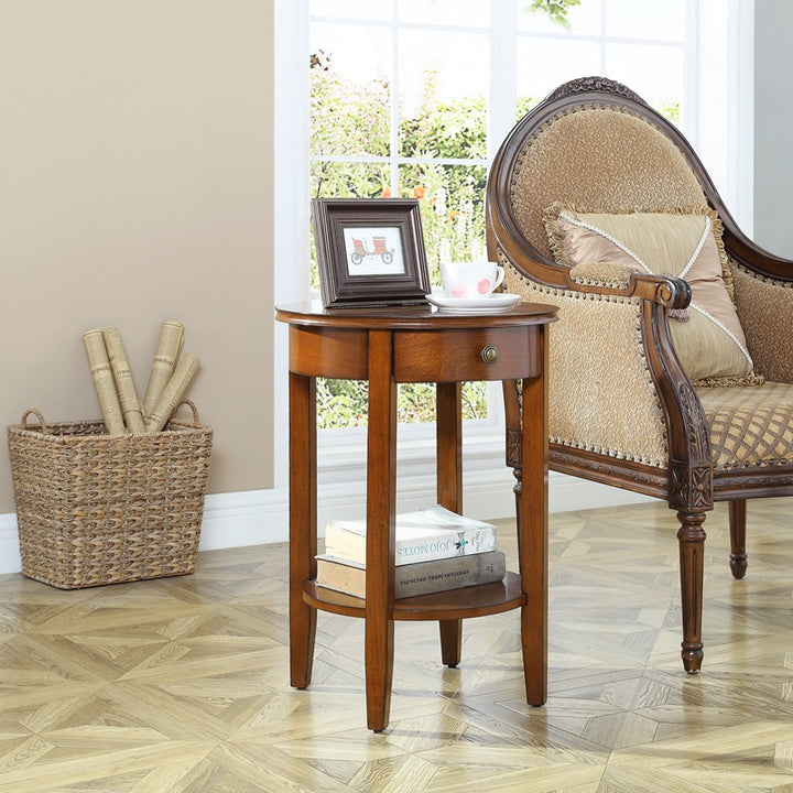 Traditional Chinese MDF Beech Wood Round End Table With 1-Drawer And 2-Tier For Living Room