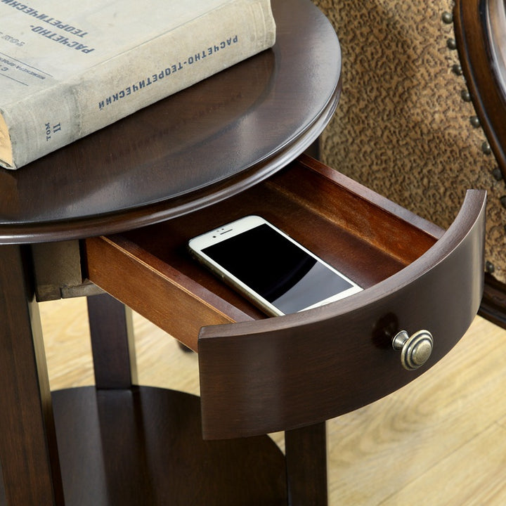 Traditional Chinese MDF Beech Wood Round End Table With 1-Drawer And 2-Tier For Living Room