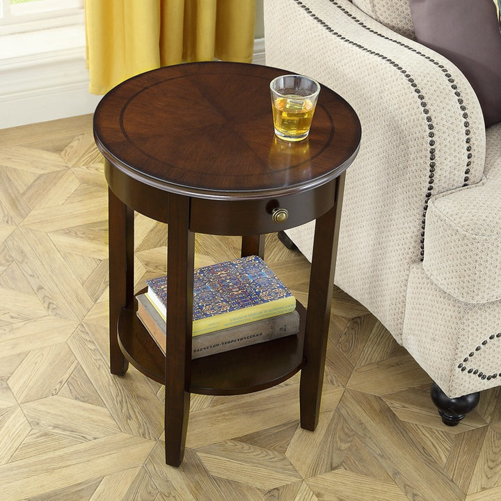 Traditional Chinese MDF Beech Wood Round End Table With 1-Drawer And 2-Tier For Living Room
