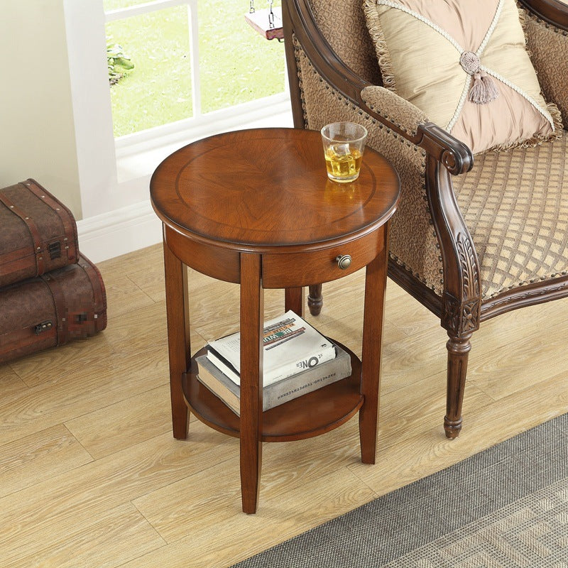 Traditional Chinese Wood Round End Table With 1-Drawer And 2-Tier For Living Room