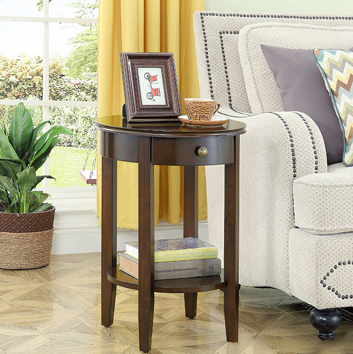 Traditional Chinese Wood Round End Table With 1-Drawer And 2-Tier For Living Room