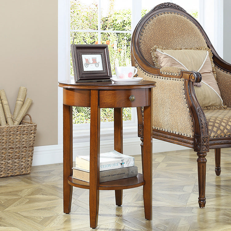 Traditional Chinese Wood Round End Table With 1-Drawer And 2-Tier For Living Room