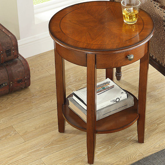 Traditional Chinese Wood Round End Table With 1-Drawer And 2-Tier For Living Room