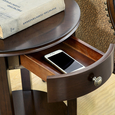 Traditional Chinese Wood Round End Table With 1-Drawer And 2-Tier For Living Room