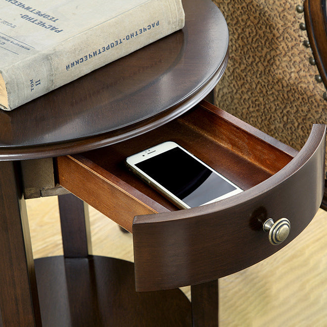 Traditional Chinese Wood Round End Table With 1-Drawer And 2-Tier For Living Room