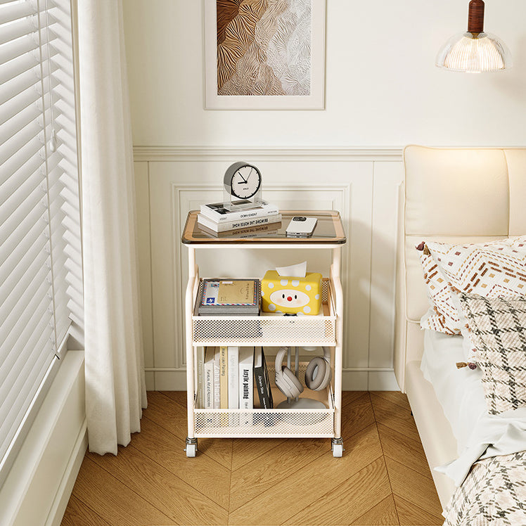 Modern Minimalist Iron Tempered Glass Rectangular End Table With 3-Tier And Mobility For Living Room