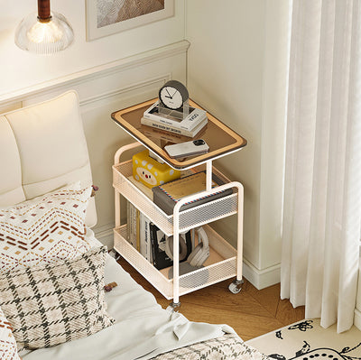 Modern Minimalist Iron Tempered Glass Rectangular End Table With 3-Tier And Mobility For Living Room