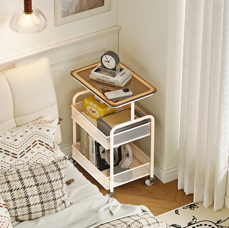 Modern Minimalist Iron Tempered Glass Rectangular End Table With 3-Tier And Mobility For Living Room