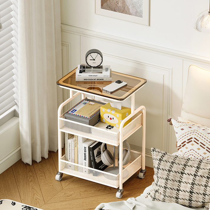 Modern Minimalist Iron Tempered Glass Rectangular End Table With 3-Tier And Mobility For Living Room