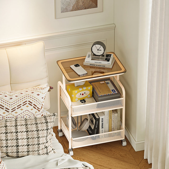 Modern Minimalist Iron Tempered Glass Rectangular End Table With 3-Tier And Mobility For Living Room