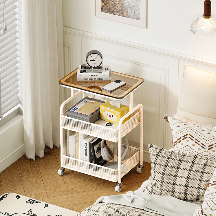 Modern Minimalist Iron Tempered Glass Rectangular End Table With 3-Tier And Mobility For Living Room