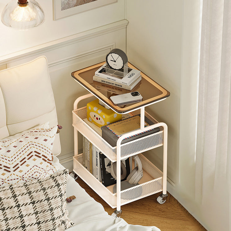 Modern Minimalist Iron Tempered Glass Rectangular End Table With 3-Tier And Mobility For Living Room