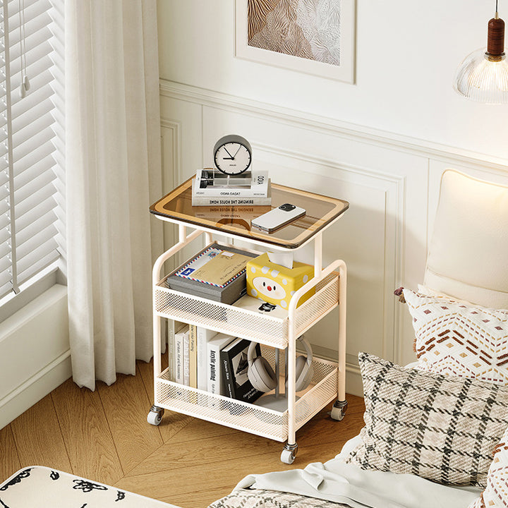 Mesa Auxiliar Rectangular de Vidrio Templado de Hierro Minimalista Moderna con 3 Niveles y Movilidad para Sala de Estar 