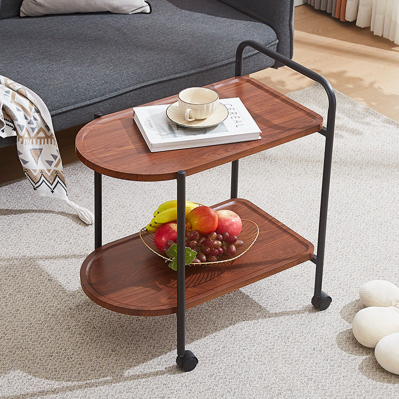 Contemporary Nordic Stainless Steel And Solid Wood Oval End Table With 2-Tier And Mobility For Living Room
