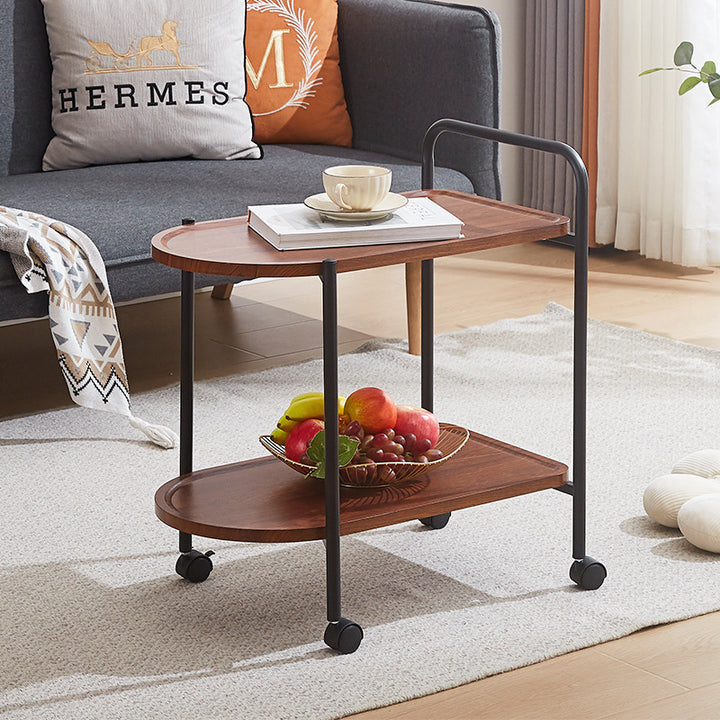 Table basse ovale contemporaine en acier inoxydable nordique et bois massif avec 2 niveaux et mobilité pour le salon 