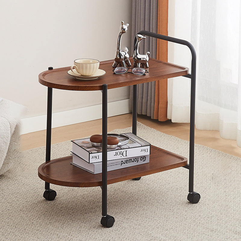 Contemporary Nordic Stainless Steel And Solid Wood Oval End Table With 2-Tier And Mobility For Living Room