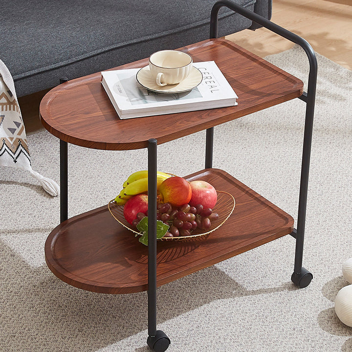 Table basse ovale contemporaine en acier inoxydable nordique et bois massif avec 2 niveaux et mobilité pour le salon 