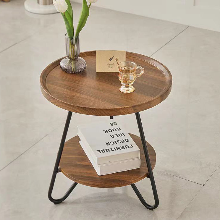 Modern Minimalist Solid Wood & Metal Round Triangular Base Coffee Table For Living Room