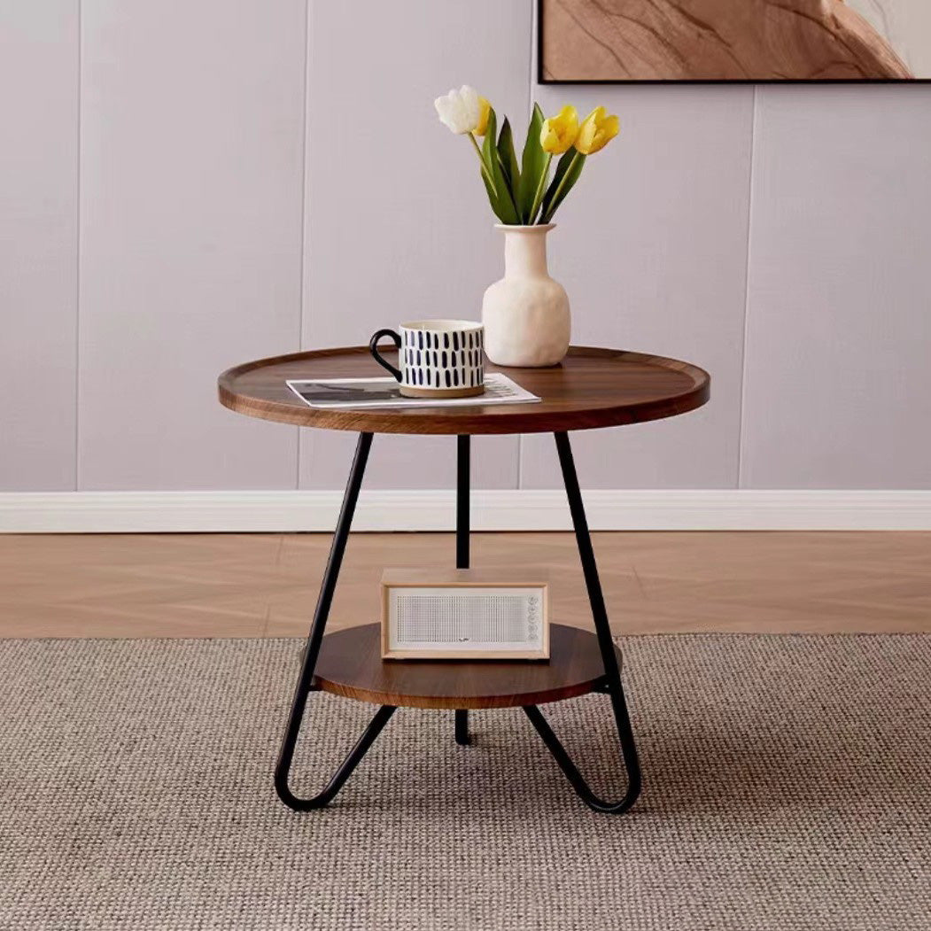 Mesa de Café Moderna Minimalista de Madera Maciza y Metal con Base Triangular Redonda para Sala de Estar 