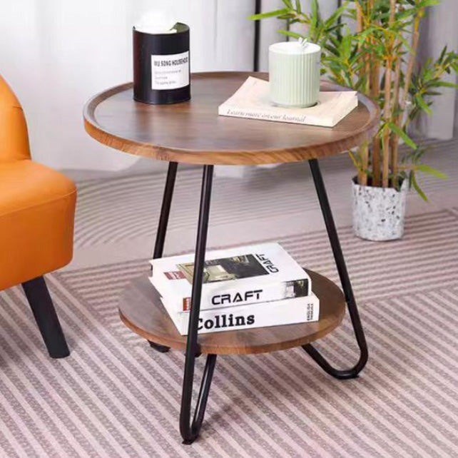 Mesa de Café Moderna Minimalista de Madera Maciza y Metal con Base Triangular Redonda para Sala de Estar 