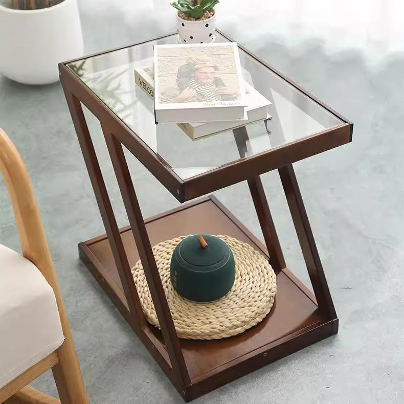 Modern Minimalist Bamboo & Glass Z-Shaped Rectangular End Table With 2-Tier For Living Room