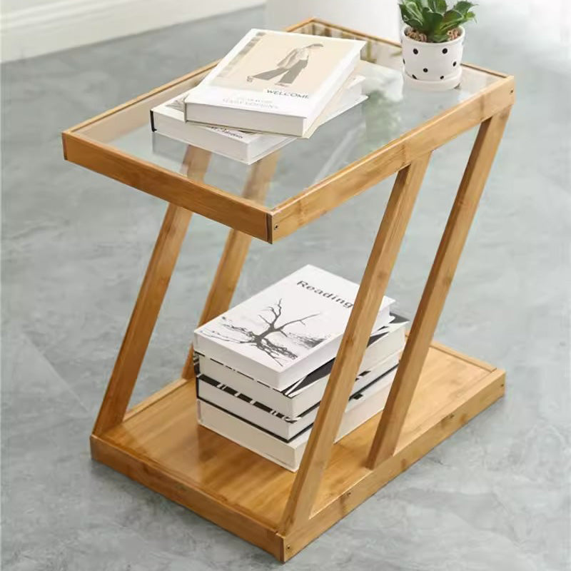 Modern Minimalist Bamboo & Glass Z-Shaped Rectangular End Table With 2-Tier For Living Room