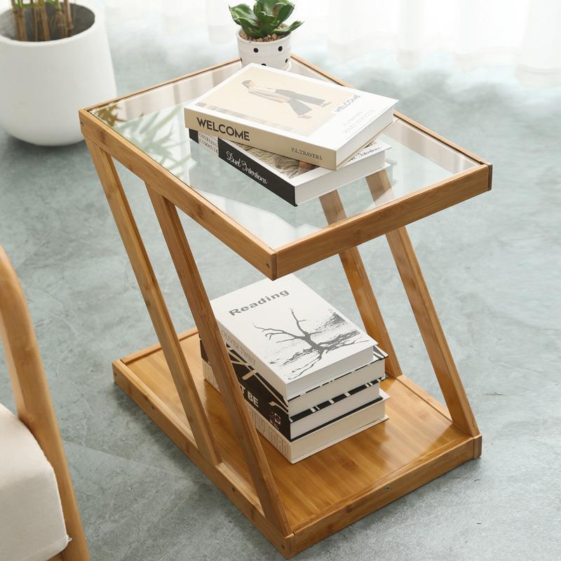 Modern Minimalist Bamboo & Glass Z-Shaped Rectangular End Table With 2-Tier For Living Room