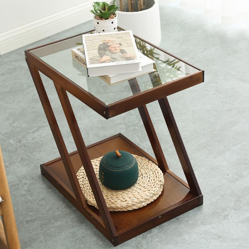 Modern Minimalist Bamboo & Glass Z-Shaped Rectangular End Table With 2-Tier For Living Room