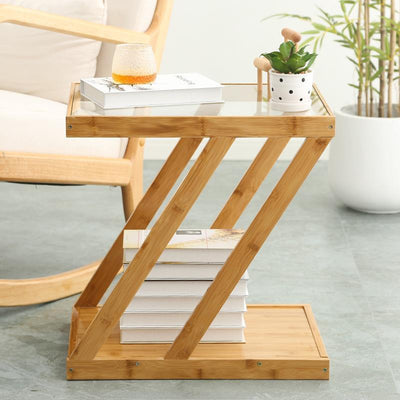 Modern Minimalist Bamboo & Glass Z-Shaped Rectangular End Table With 2-Tier For Living Room