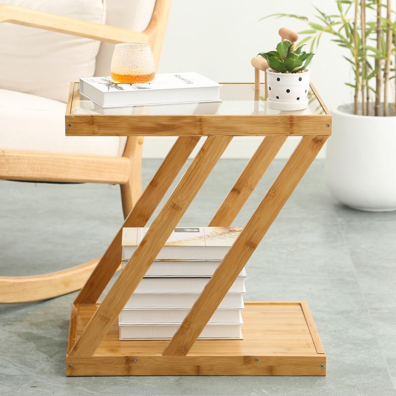 Modern Minimalist Bamboo & Glass Z-Shaped Rectangular End Table With 2-Tier For Living Room