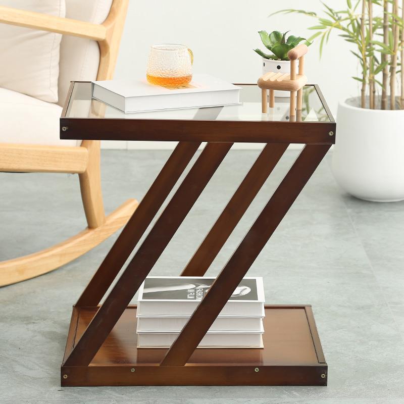 Modern Minimalist Bamboo & Glass Z-Shaped Rectangular End Table With 2-Tier For Living Room