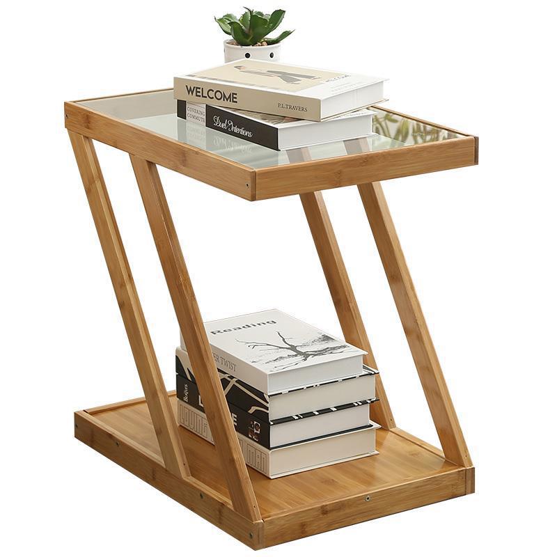Modern Minimalist Bamboo & Glass Z-Shaped Rectangular End Table With 2-Tier For Living Room