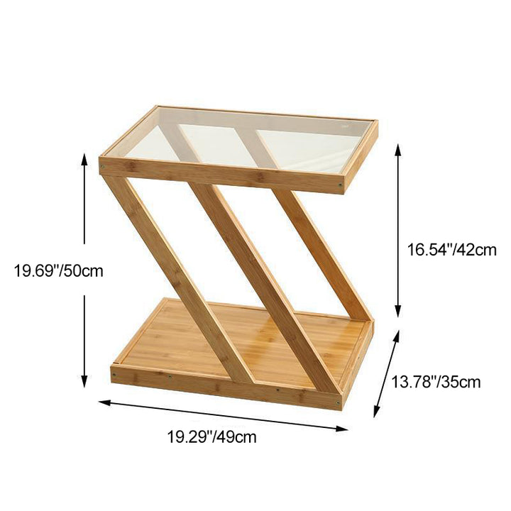 Moderner minimalistischer rechteckiger Z-förmiger Beistelltisch aus Bambus und Glas mit 2 Ebenen für das Wohnzimmer 