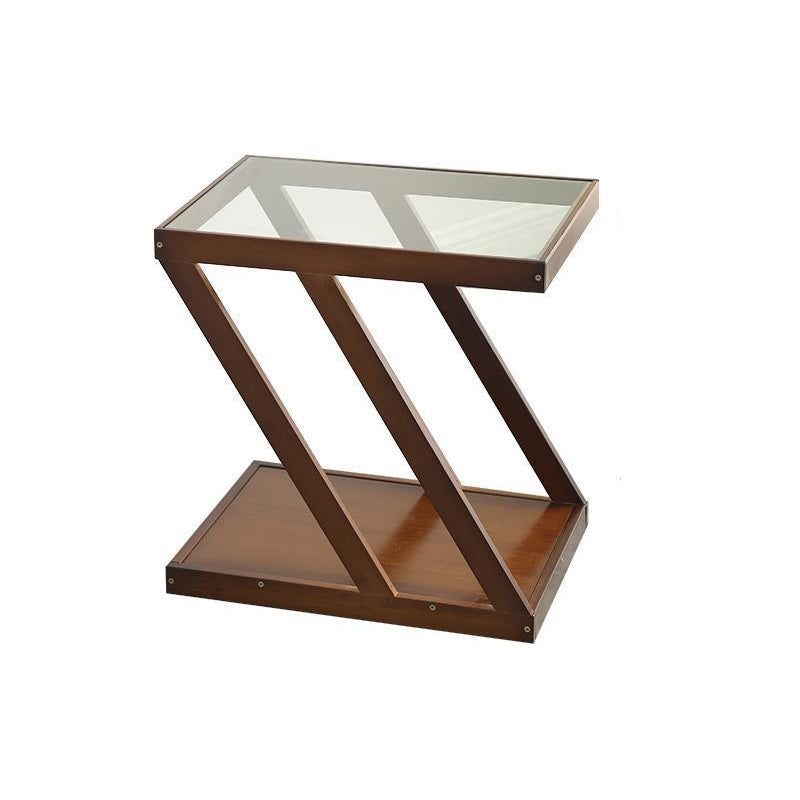 Modern Minimalist Bamboo & Glass Z-Shaped Rectangular End Table With 2-Tier For Living Room