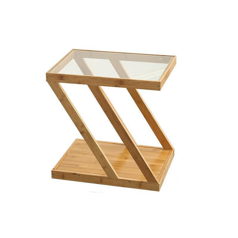 Modern Minimalist Bamboo & Glass Z-Shaped Rectangular End Table With 2-Tier For Living Room
