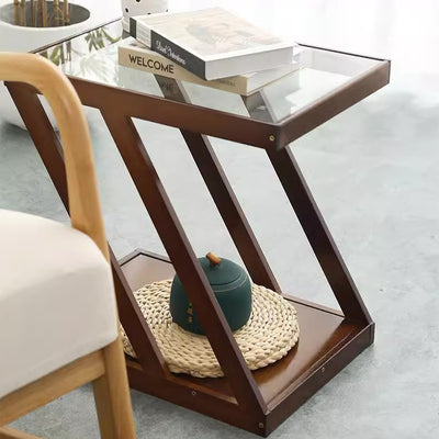 Modern Minimalist Bamboo & Glass Z-Shaped Rectangular End Table With 2-Tier For Living Room