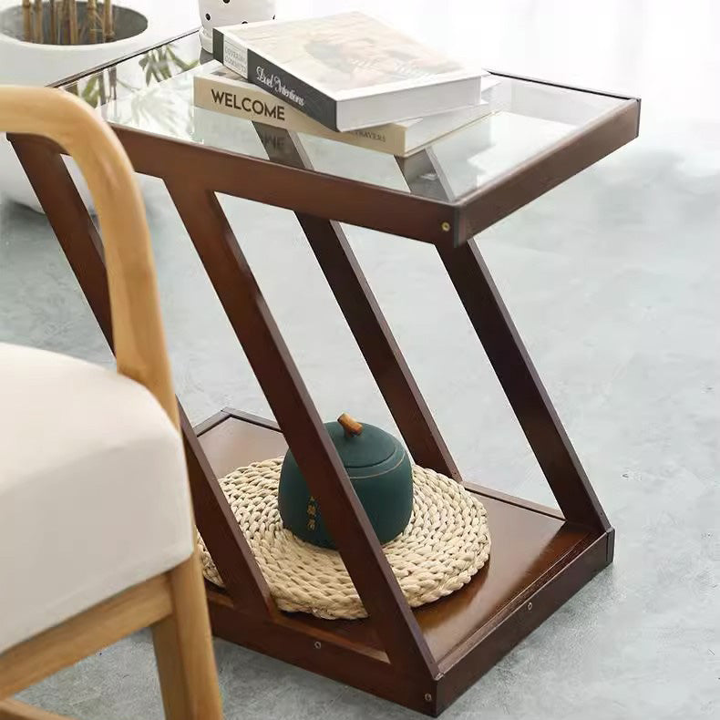 Modern Minimalist Bamboo & Glass Z-Shaped Rectangular End Table With 2-Tier For Living Room