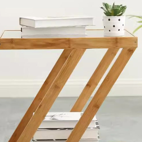 Modern Minimalist Bamboo & Glass Z-Shaped Rectangular End Table With 2-Tier For Living Room