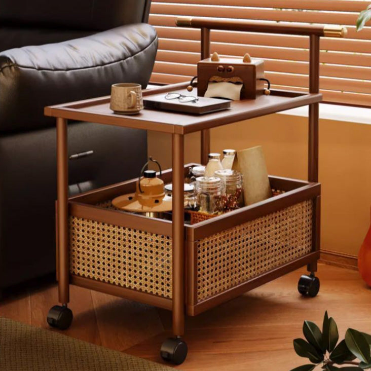 Modern Mid-Century Bamboo Rattan Medium-Density Fiberboard Rectangular End Table With 1-Storage For Living Room