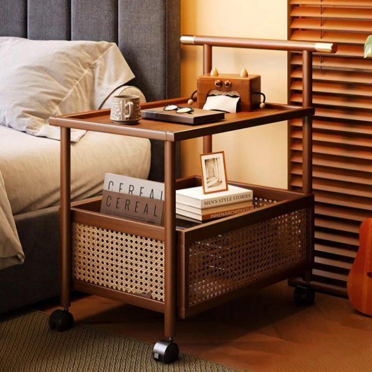 Modern Mid-Century Bamboo Rattan Medium-Density Fiberboard Rectangular End Table With 1-Storage For Living Room