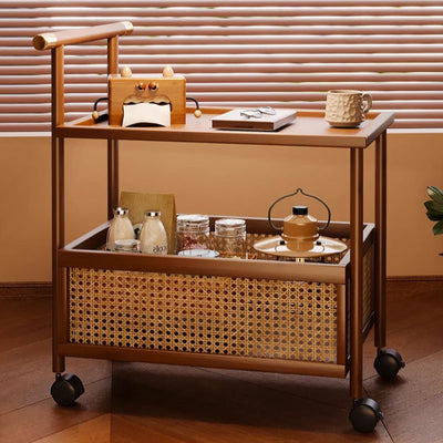 Modern Mid-Century Bamboo Rattan Medium-Density Fiberboard Rectangular End Table With 1-Storage For Living Room