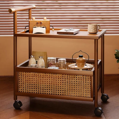 Modern Mid-Century Bamboo Rattan Medium-Density Fiberboard Rectangular End Table With 1-Storage For Living Room