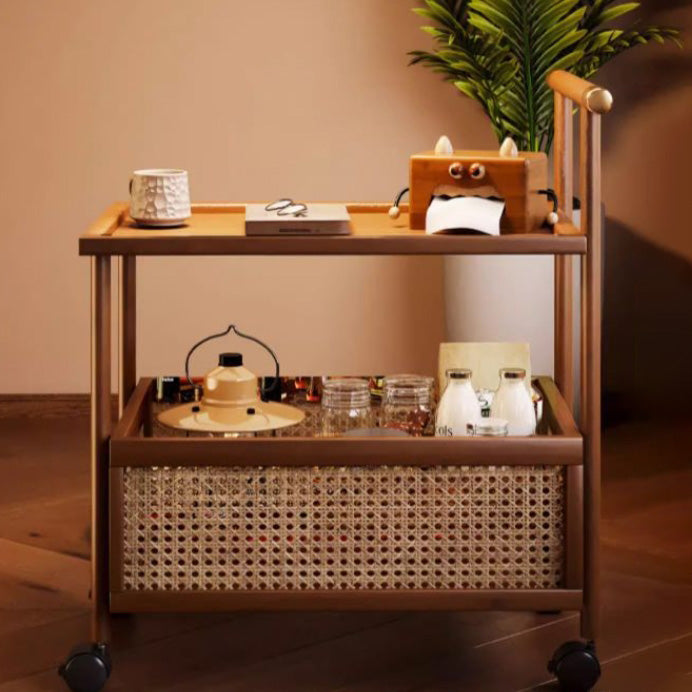 Modern Mid-Century Bamboo Rattan Medium-Density Fiberboard Rectangular End Table With 1-Storage For Living Room