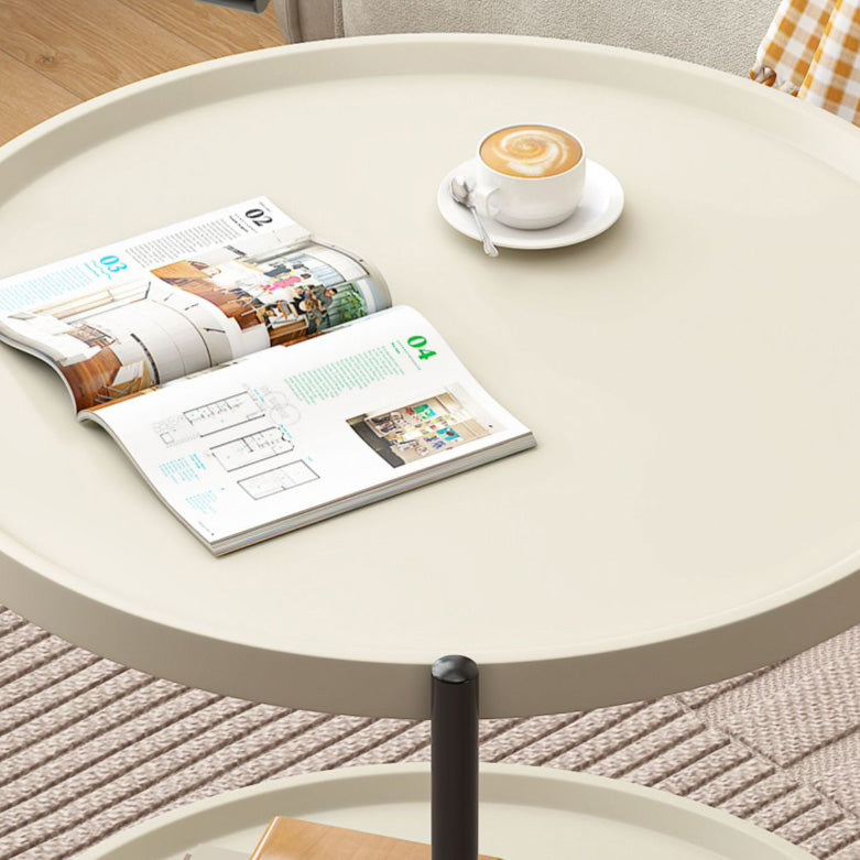 Modern Minimalist Plastic & Carbon Steel Round End Table With 2-Tiers And Wheels For Living Room