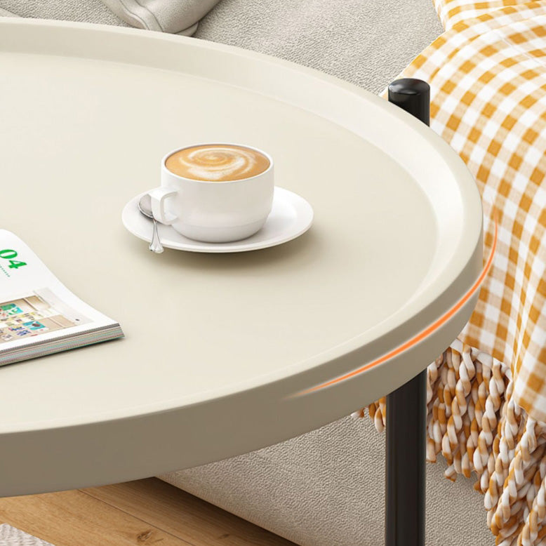 Modern Minimalist Plastic & Carbon Steel Round End Table With 2-Tiers And Wheels For Living Room