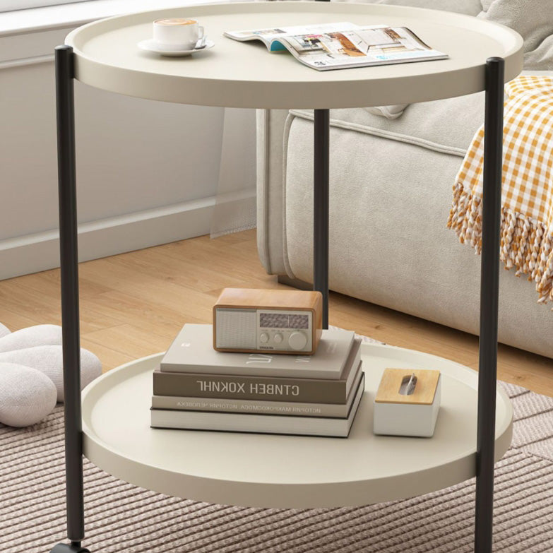 Modern Minimalist Plastic & Carbon Steel Round End Table With 2-Tiers And Wheels For Living Room