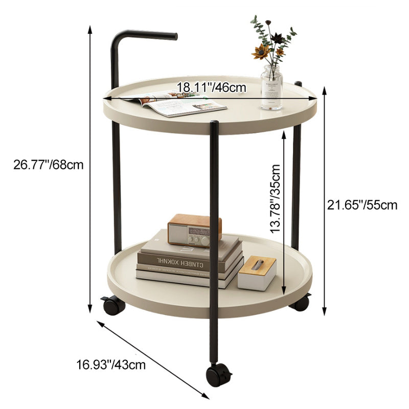 Modern Minimalist Plastic & Carbon Steel Round End Table With 2-Tiers And Wheels For Living Room