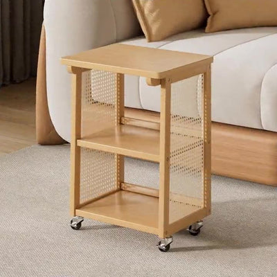 Traditioneller japanischer rechteckiger Bambus- und Rattan-Beistelltisch mit 3 Ebenen und Rädern für das Wohnzimmer 
